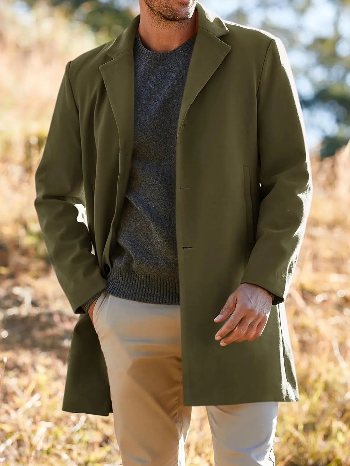 Gafeng Men's Trench Coat Slim Fit Notch Lapel Single Breasted Top Coat Winter Warm Cotton Business Long Jacket Overcoat