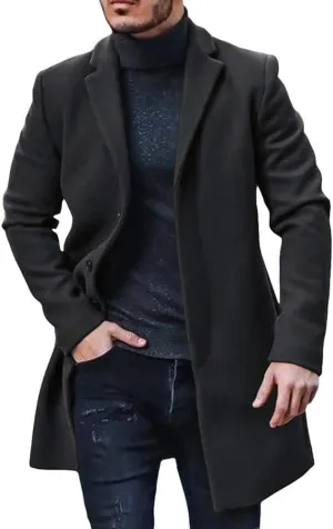 Gafeng Men's Trench Coat Slim Fit Notch Lapel Single Breasted Top Coat Winter Warm Cotton Business Long Jacket Overcoat