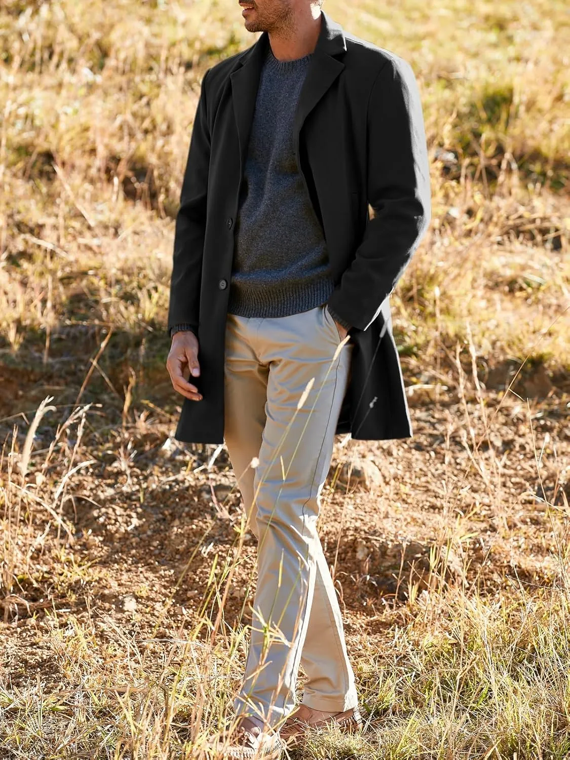 Gafeng Men's Trench Coat Slim Fit Notch Lapel Single Breasted Top Coat Winter Warm Cotton Business Long Jacket Overcoat