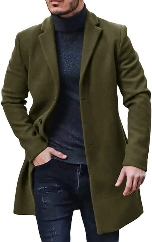 Gafeng Men's Trench Coat Slim Fit Notch Lapel Single Breasted Top Coat Winter Warm Cotton Business Long Jacket Overcoat