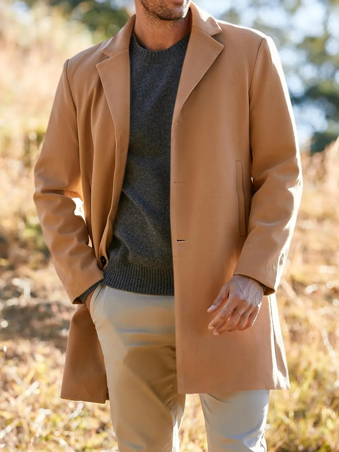 Gafeng Men's Trench Coat Slim Fit Notch Lapel Single Breasted Top Coat Winter Warm Cotton Business Long Jacket Overcoat