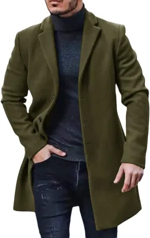 Gafeng Men's Trench Coat Slim Fit Notch Lapel Single Breasted Top Coat Winter Warm Cotton Business Long Jacket Overcoat