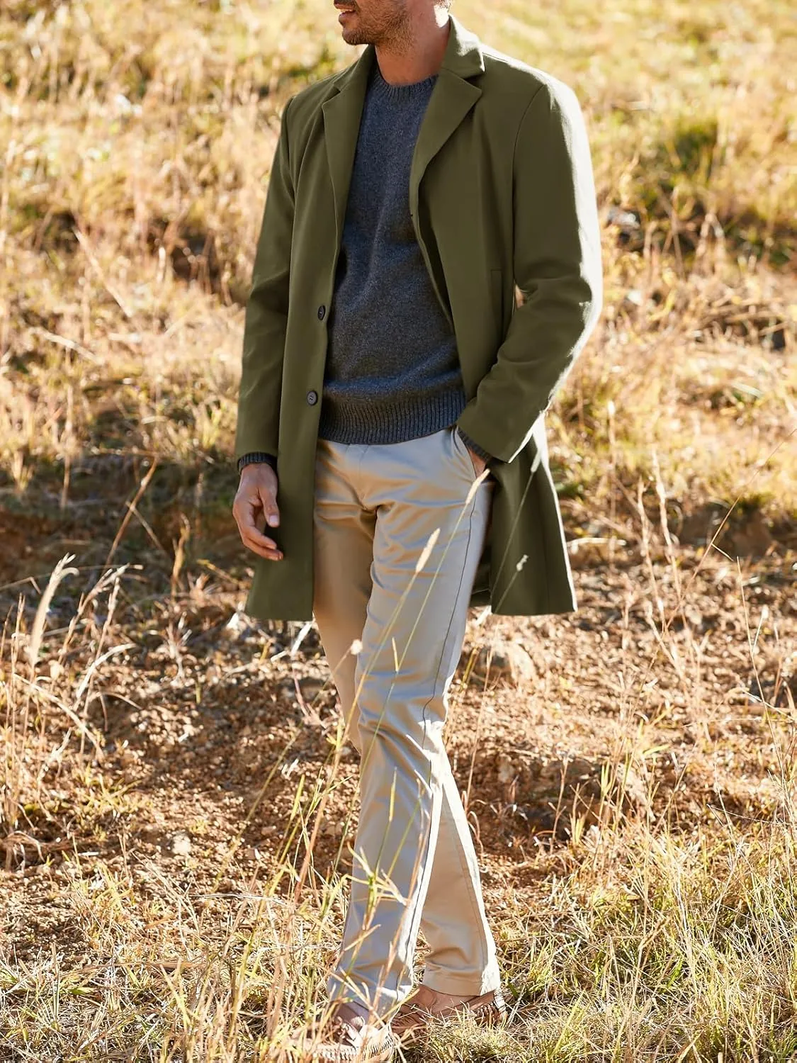 Gafeng Men's Trench Coat Slim Fit Notch Lapel Single Breasted Top Coat Winter Warm Cotton Business Long Jacket Overcoat