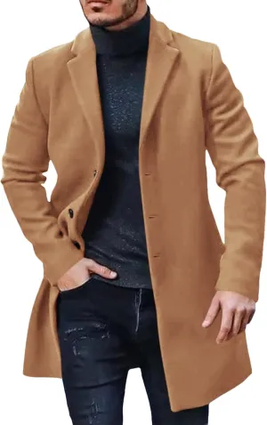 Gafeng Men's Trench Coat Slim Fit Notch Lapel Single Breasted Top Coat Winter Warm Cotton Business Long Jacket Overcoat