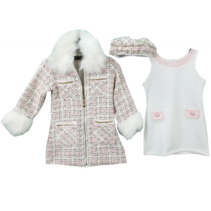 Girl's 3 Piece Pink jacket with white faux Fur Trim Jacket, Dress & Hat Set
