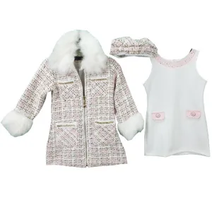 Girl's 3 Piece Pink jacket with white faux Fur Trim Jacket, Dress & Hat Set