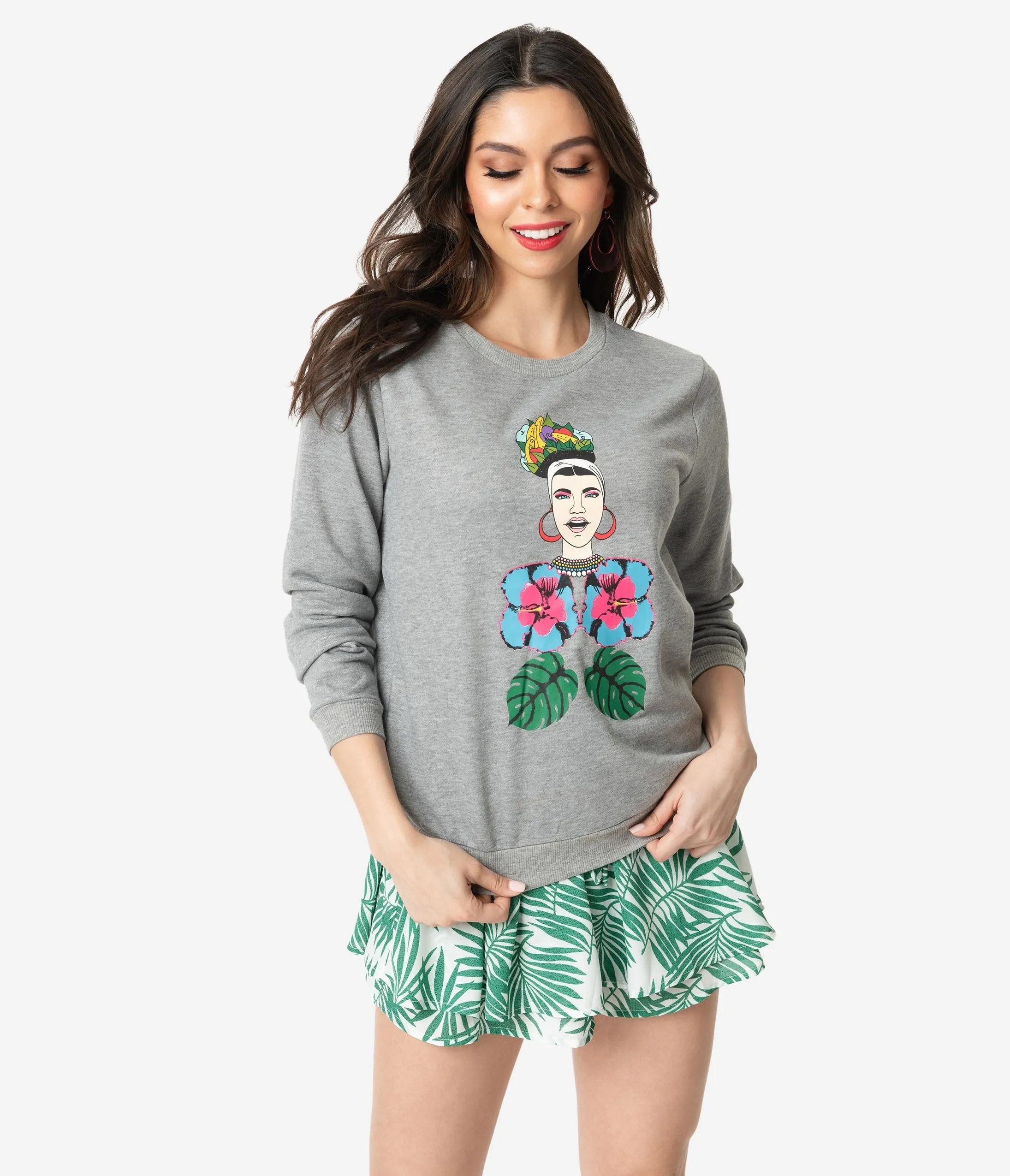 Grey Floral Queen Print Long Sleeve Sweatshirt