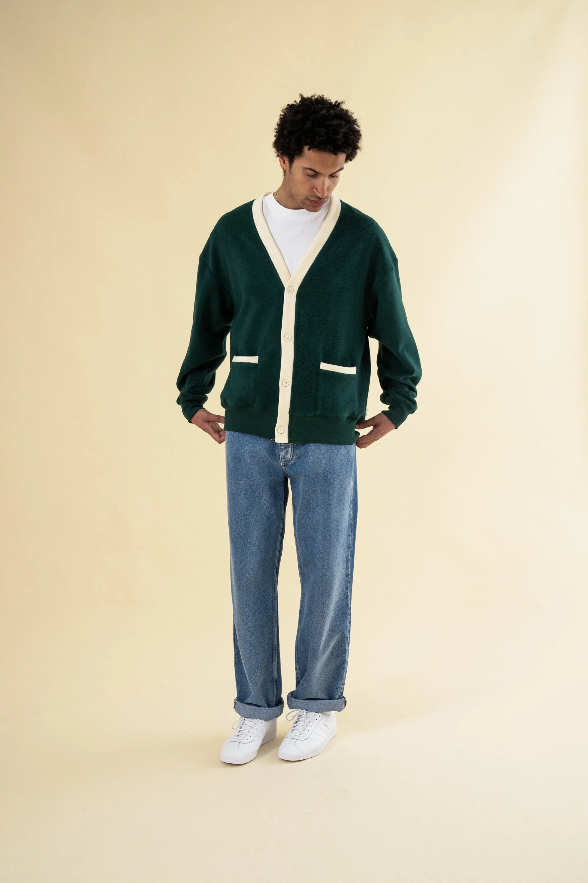 HARVARD REVERSE FLEECE CARDIGAN - BOTTLE GREEN