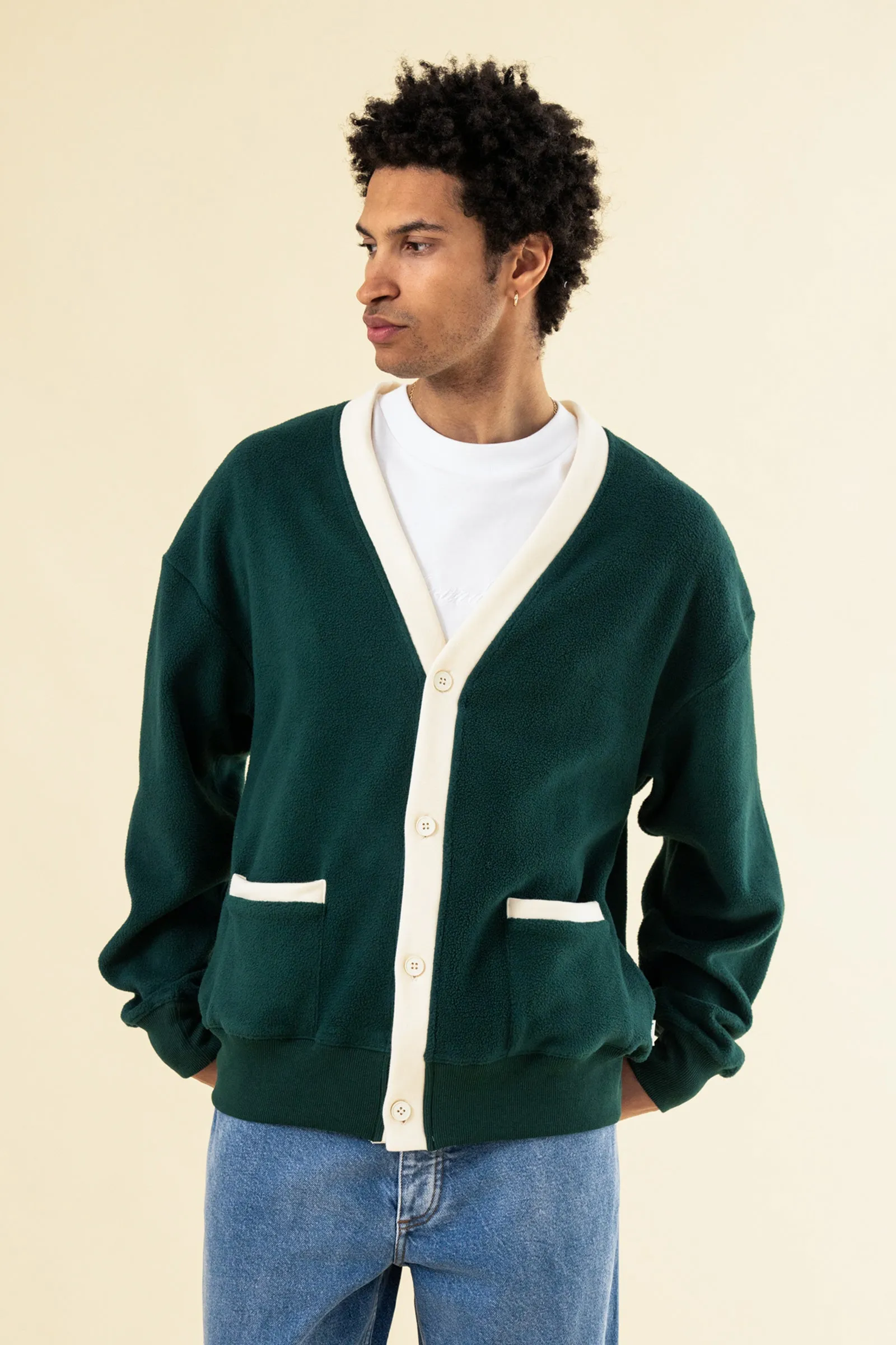 HARVARD REVERSE FLEECE CARDIGAN - BOTTLE GREEN