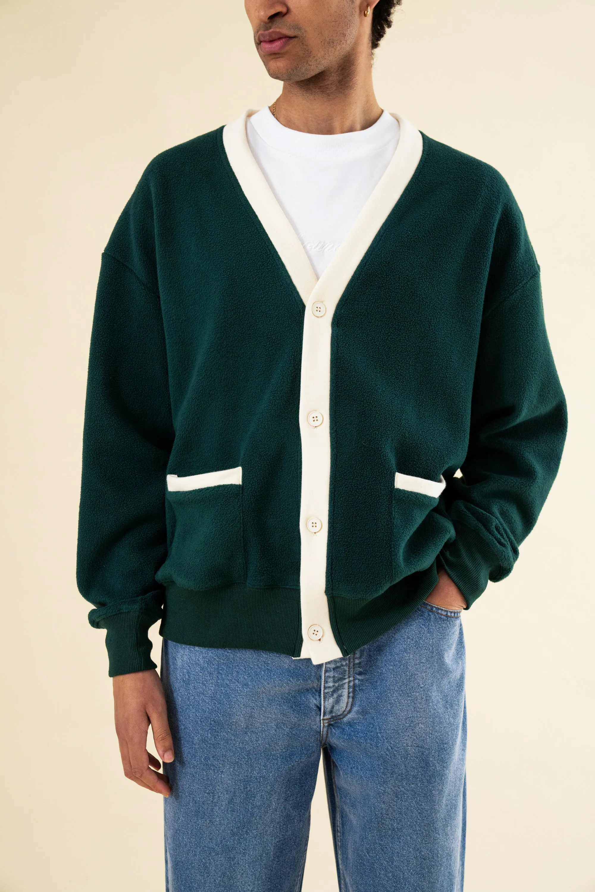 HARVARD REVERSE FLEECE CARDIGAN - BOTTLE GREEN