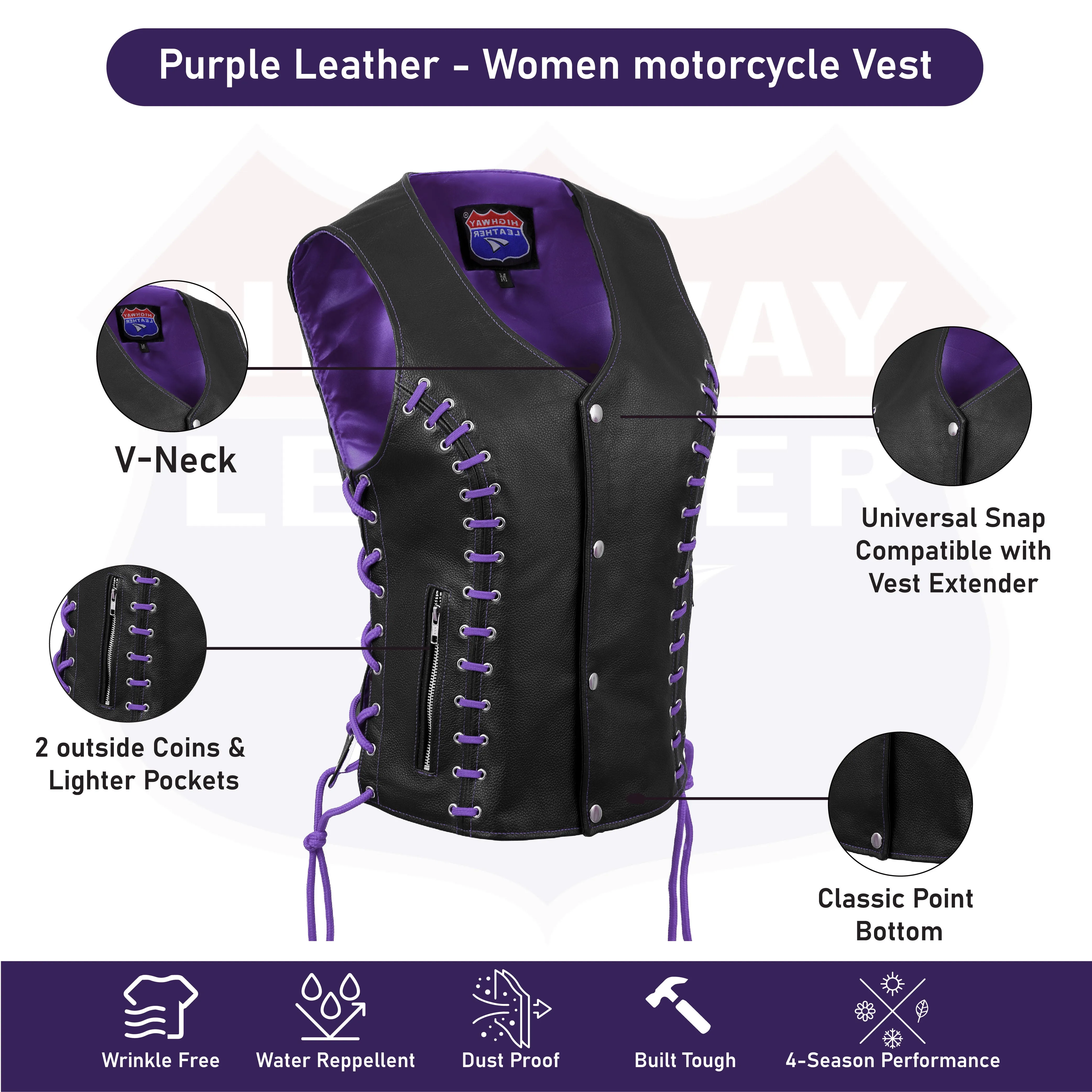 HL14859PURPLEEYELET WOMEN SIDE LACE VEST  M/O BUFFALO LEATHER PURPLE/BLK