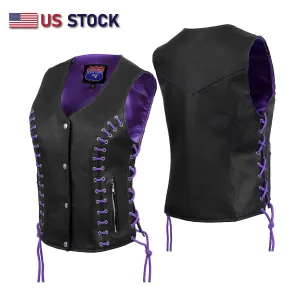 HL14859PURPLEEYELET WOMEN SIDE LACE VEST  M/O BUFFALO LEATHER PURPLE/BLK