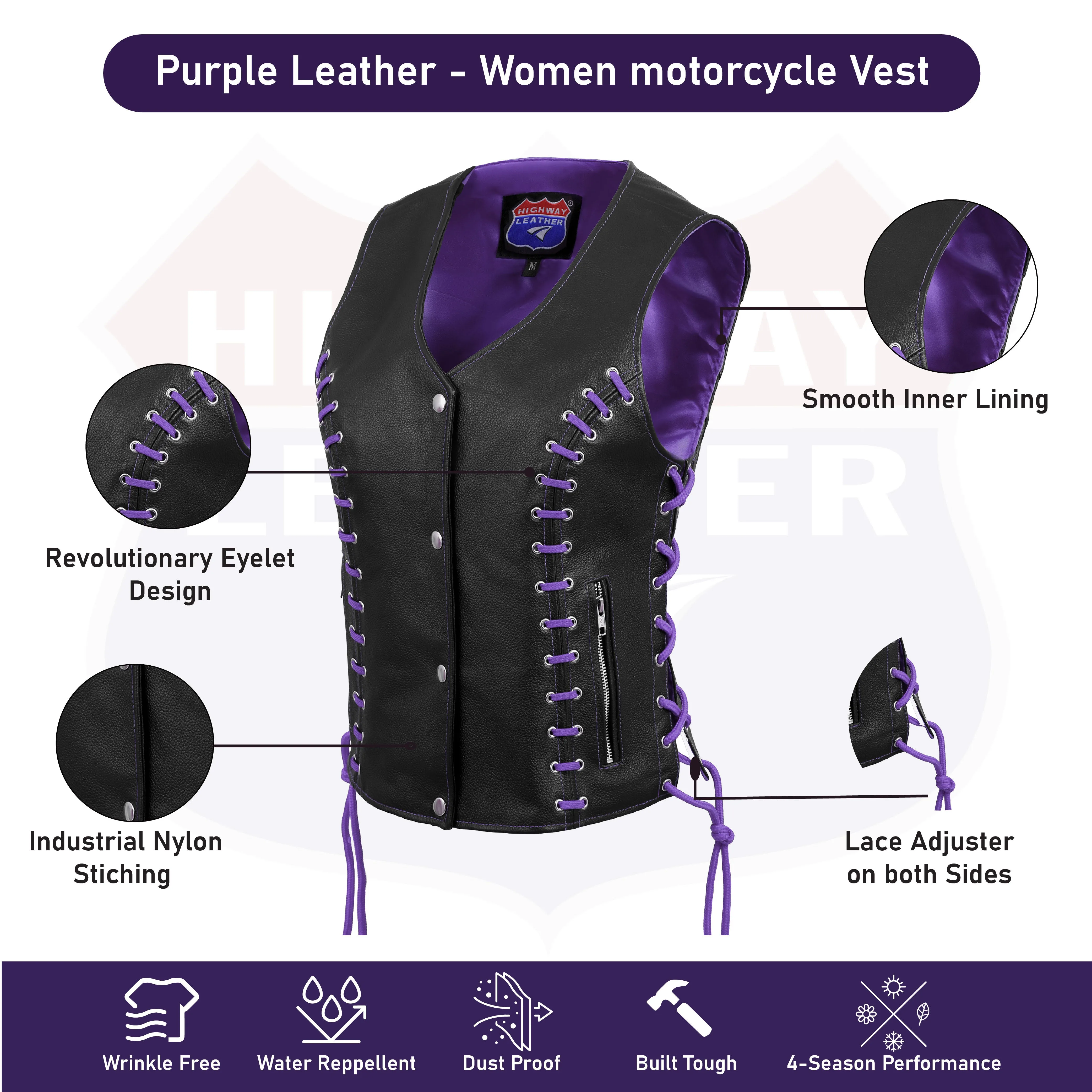 HL14859PURPLEEYELET WOMEN SIDE LACE VEST  M/O BUFFALO LEATHER PURPLE/BLK