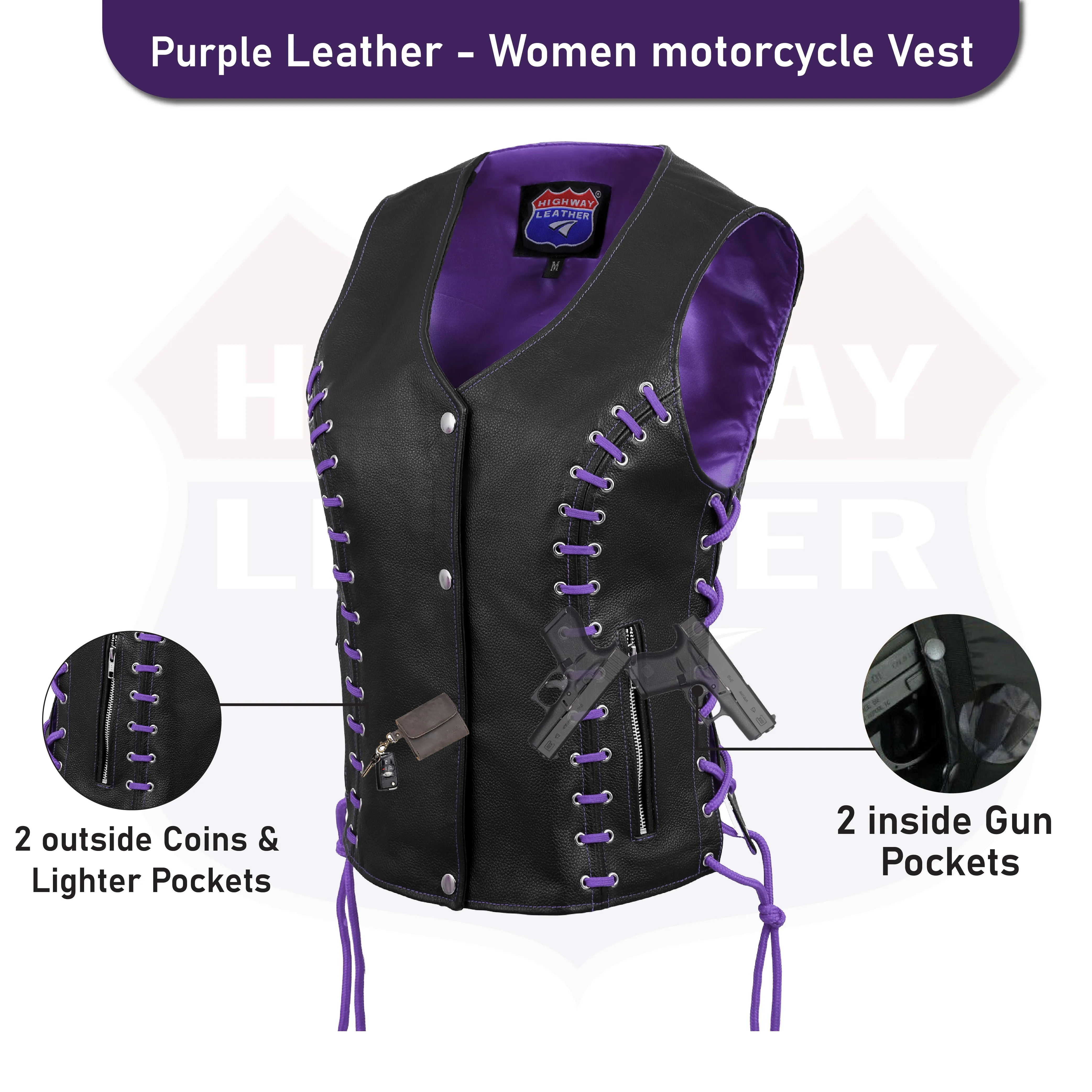 HL14859PURPLEEYELET WOMEN SIDE LACE VEST  M/O BUFFALO LEATHER PURPLE/BLK