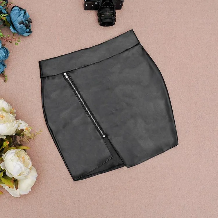 Irregular Zipper PU Bodycon High Waist Slim Short Skirt