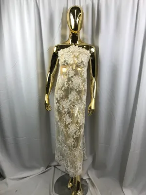 Ivory hand beaded floral design embroider on a mesh lace-dresses-fashion-apparel-wedding-prom-nightgown-decorations-sold by the yard.