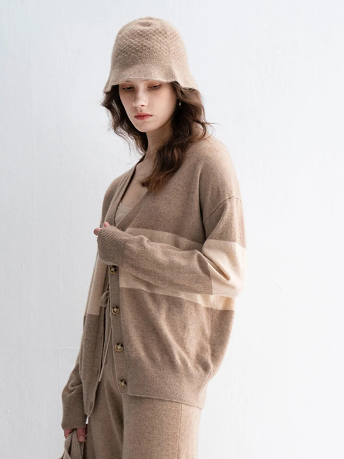 Khaki Casual Long-Sleeve Cashmere Cardigan