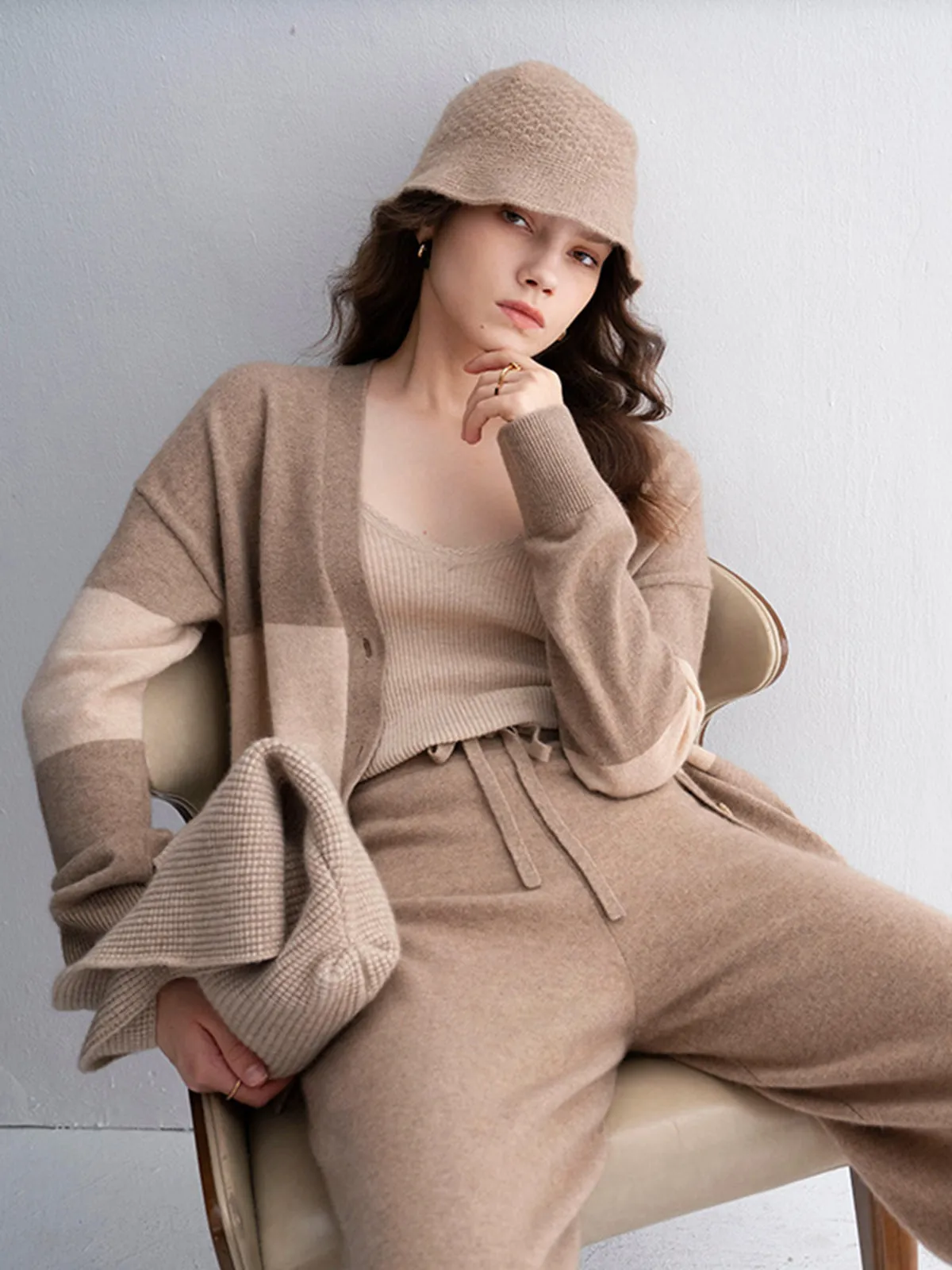 Khaki Casual Long-Sleeve Cashmere Cardigan