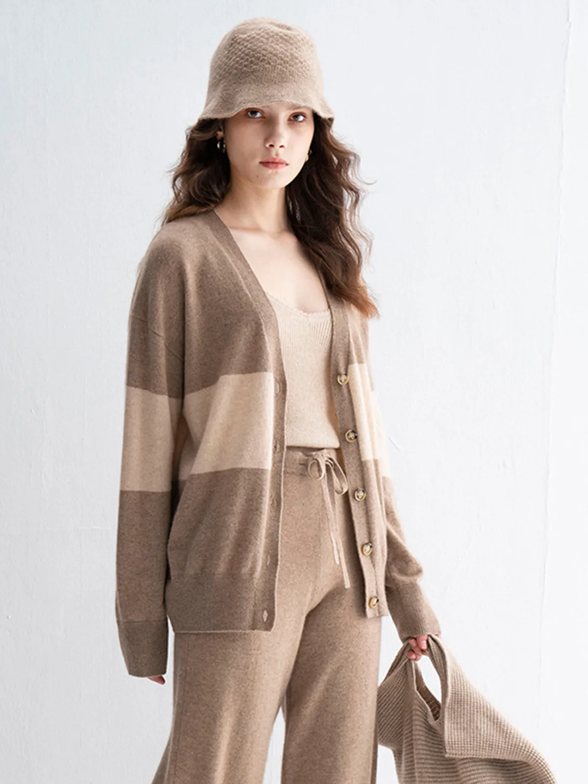 Khaki Casual Long-Sleeve Cashmere Cardigan
