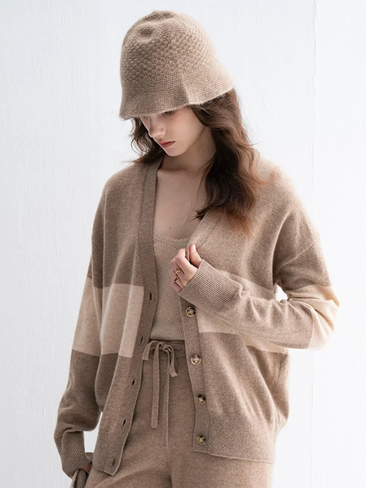 Khaki Casual Long-Sleeve Cashmere Cardigan
