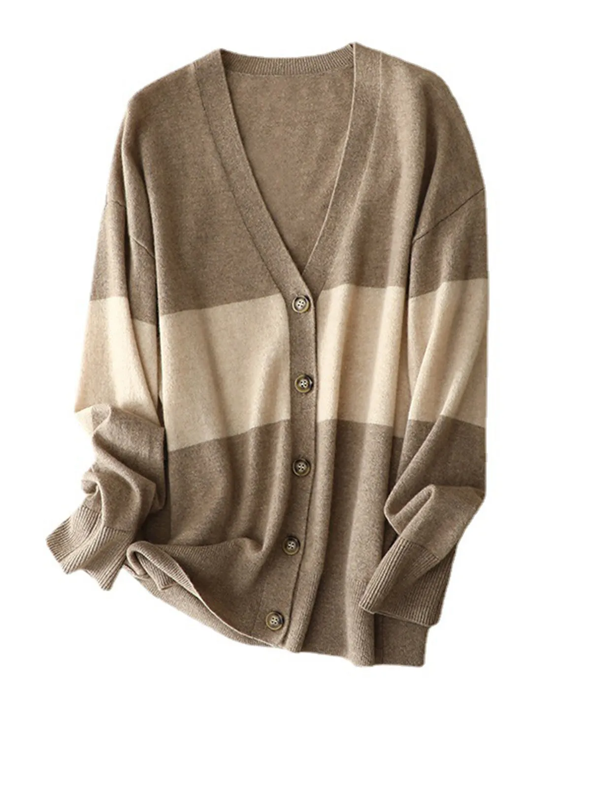 Khaki Casual Long-Sleeve Cashmere Cardigan