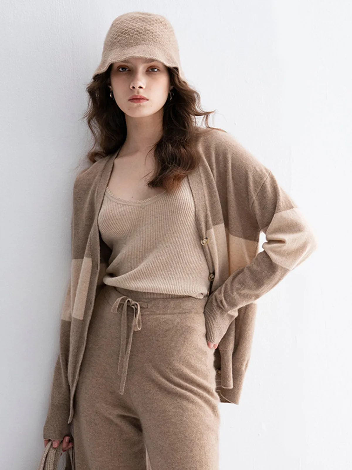 Khaki Casual Long-Sleeve Cashmere Cardigan