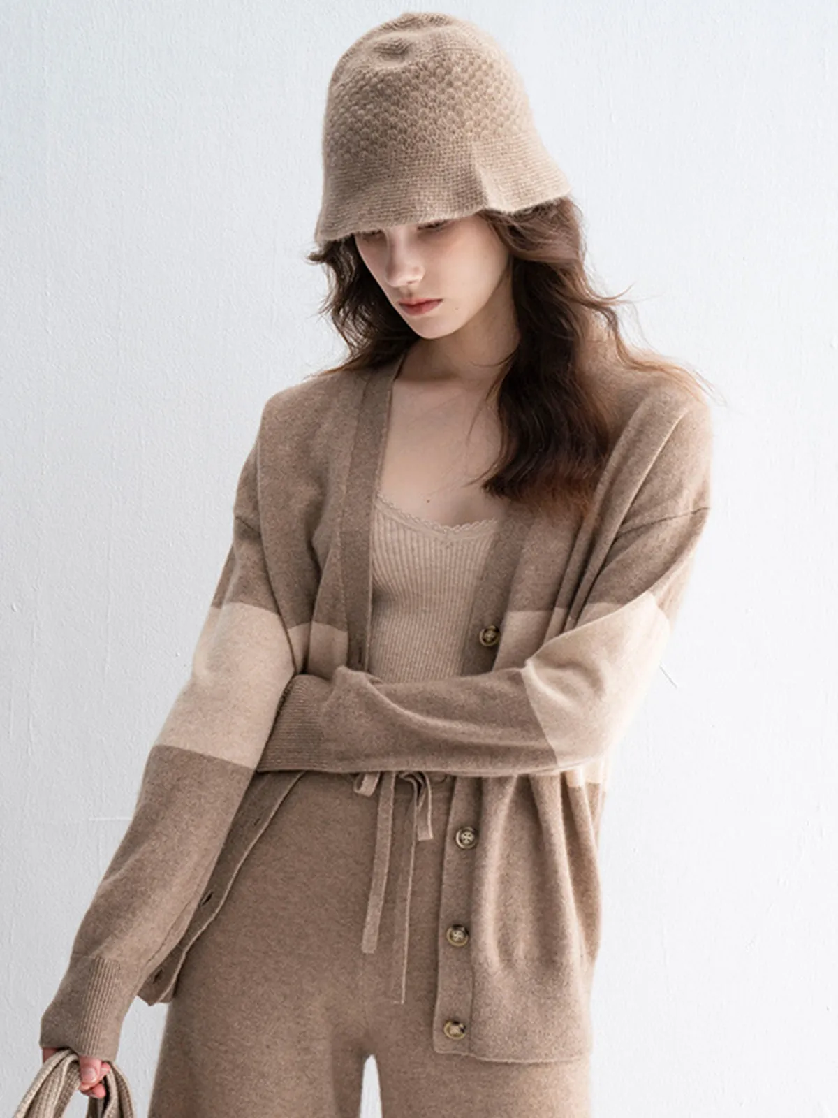Khaki Casual Long-Sleeve Cashmere Cardigan