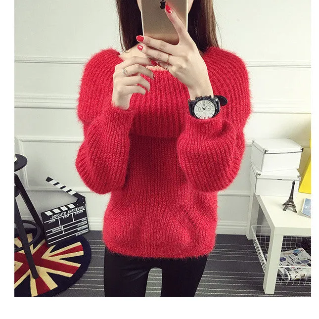Label Neck Off Shoulder Long Sleeves Pure Color Sweater