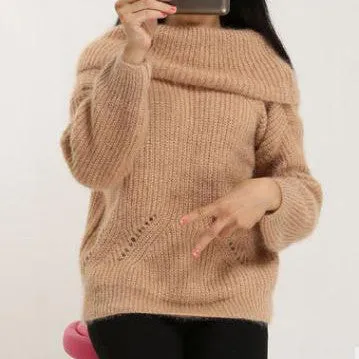 Label Neck Off Shoulder Long Sleeves Pure Color Sweater