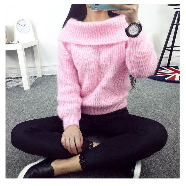 Label Neck Off Shoulder Long Sleeves Pure Color Sweater