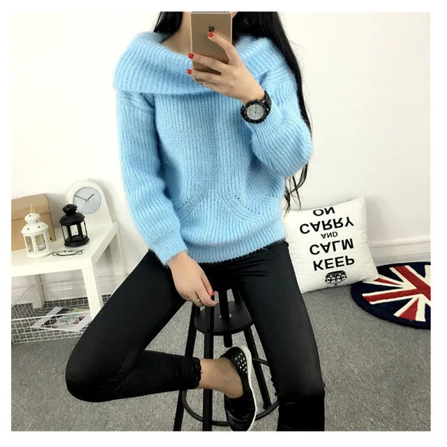 Label Neck Off Shoulder Long Sleeves Pure Color Sweater