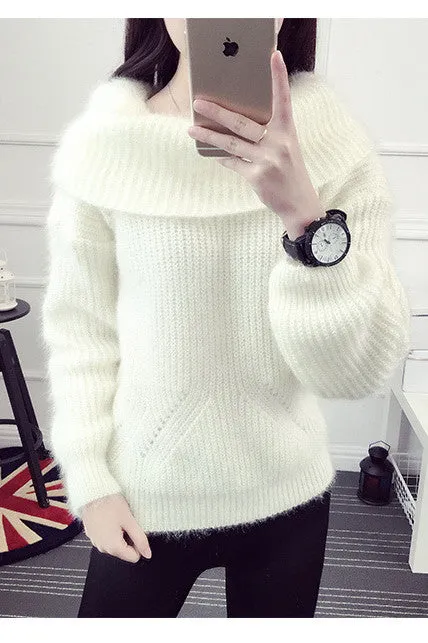 Label Neck Off Shoulder Long Sleeves Pure Color Sweater