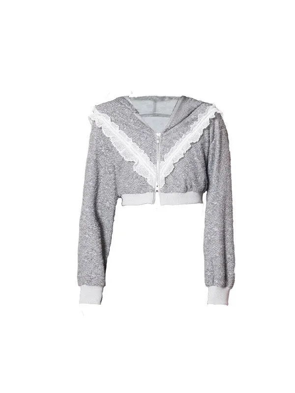 Lace High-Neck No-Sleeve Hoodie Feminine Double-Zip Set-Up Knit＆Parka