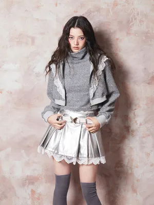Lace High-Neck No-Sleeve Hoodie Feminine Double-Zip Set-Up Knit＆Parka