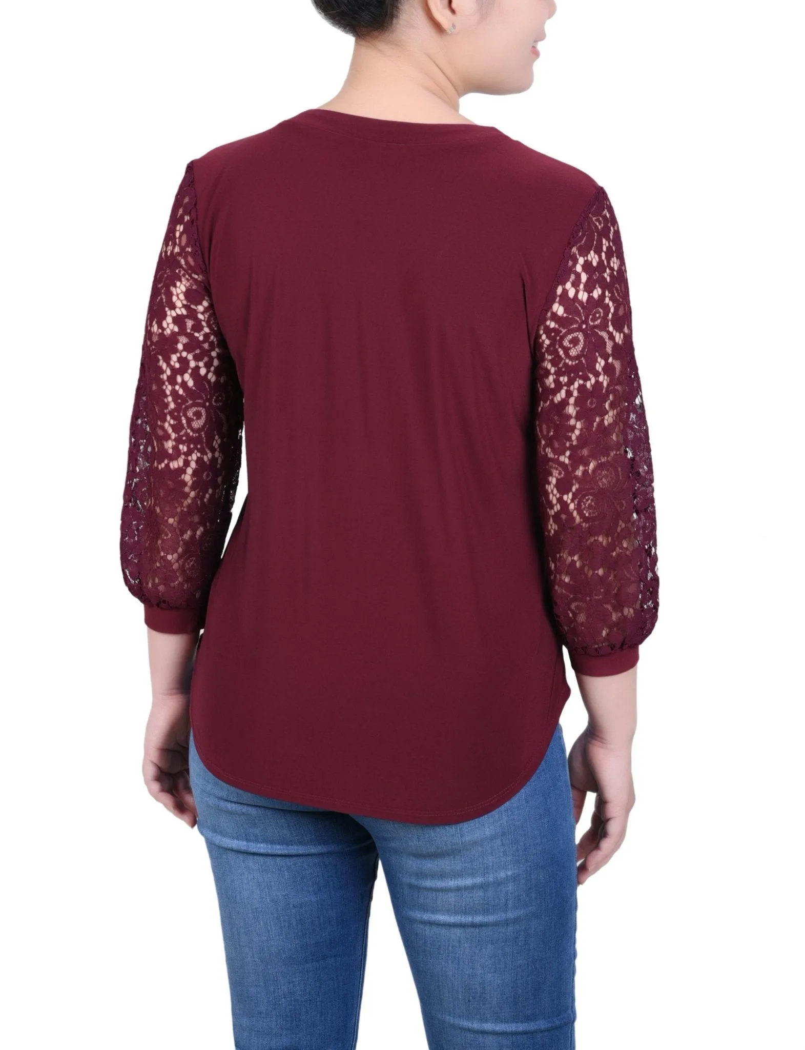 Lace-Sleeve V Neck Top - Petite