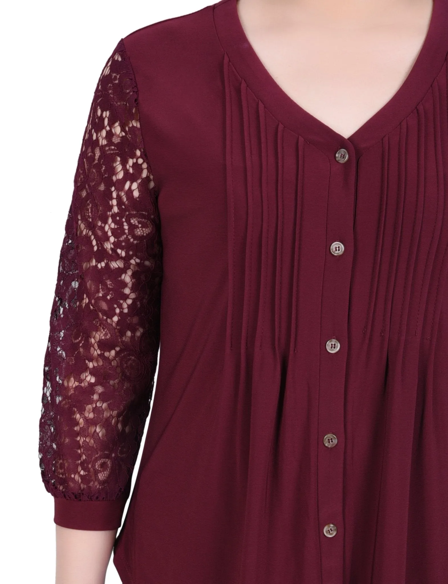 Lace-Sleeve V Neck Top - Petite