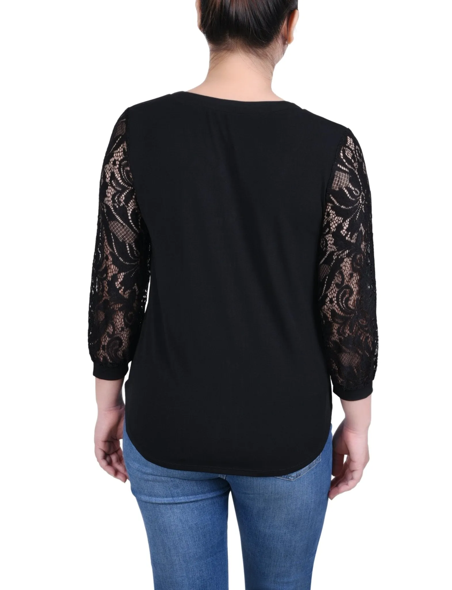 Lace-Sleeve V Neck Top - Petite