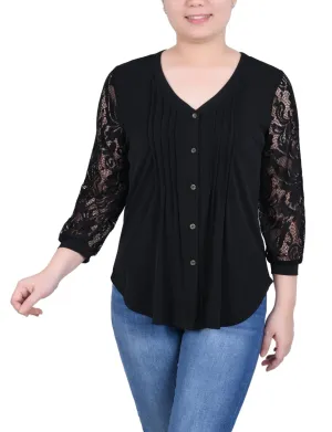 Lace-Sleeve V Neck Top - Petite Lace-Sleeve V Neck Top - Petite