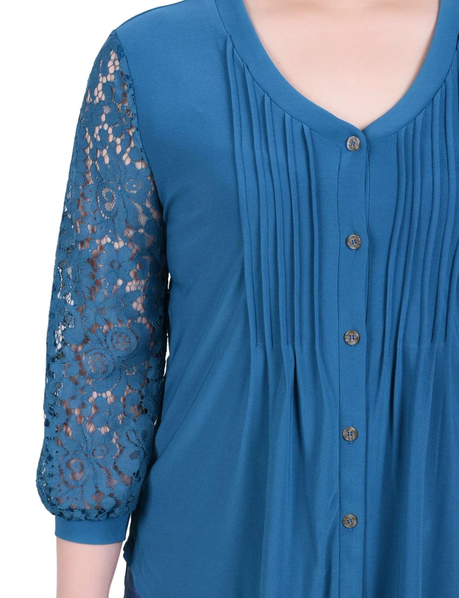 Lace-Sleeve V Neck Top - Petite