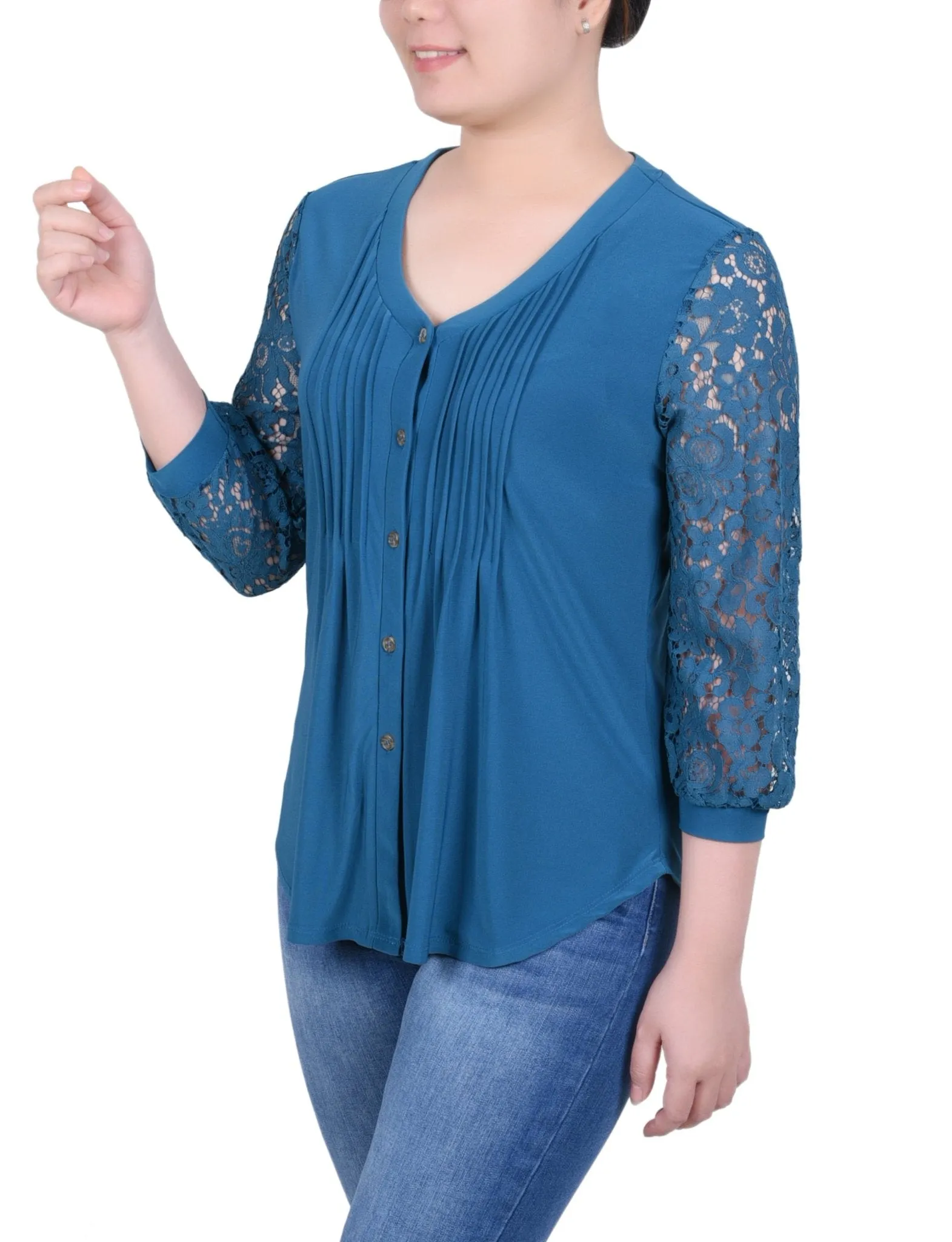 Lace-Sleeve V Neck Top - Petite