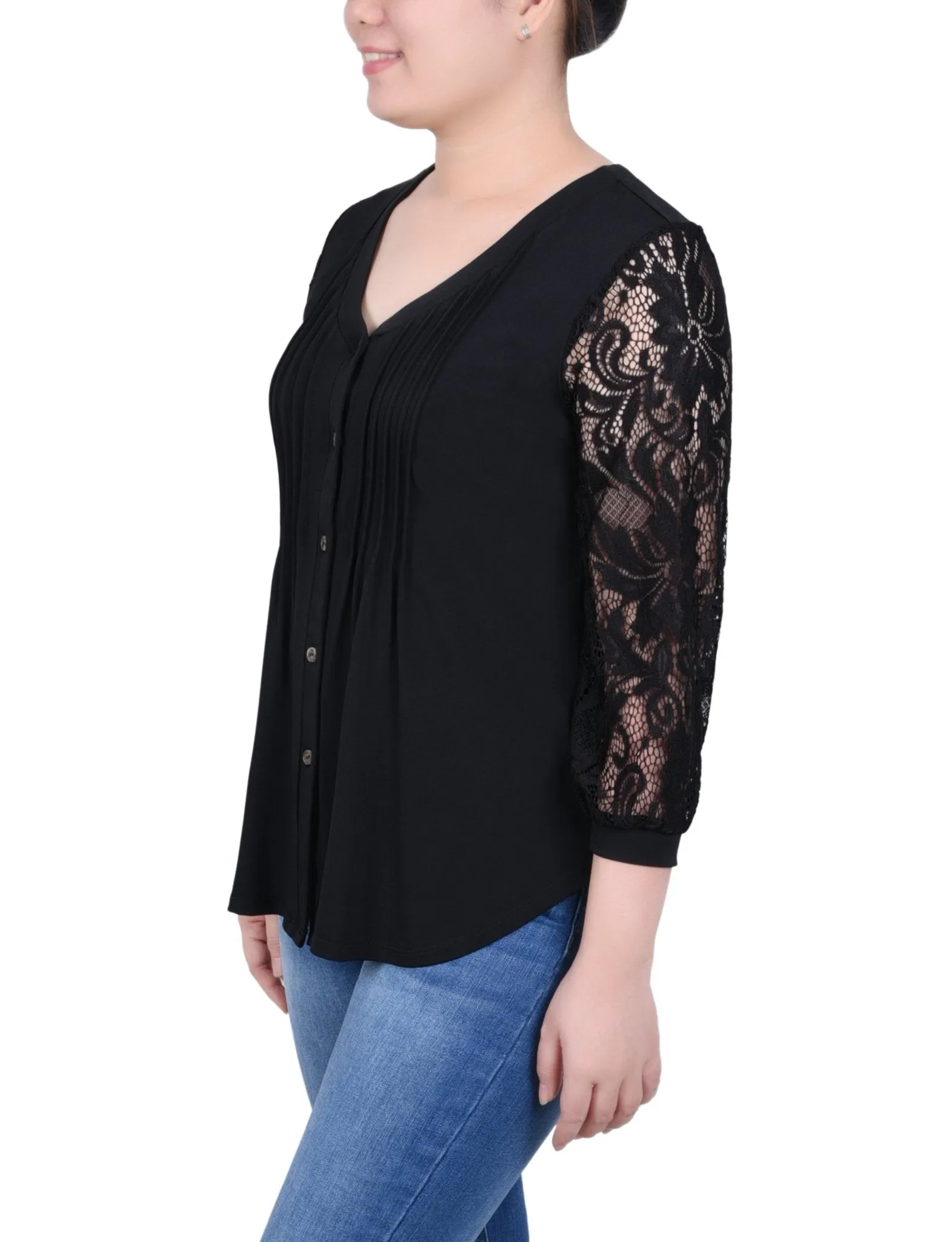 Lace-Sleeve V Neck Top - Petite