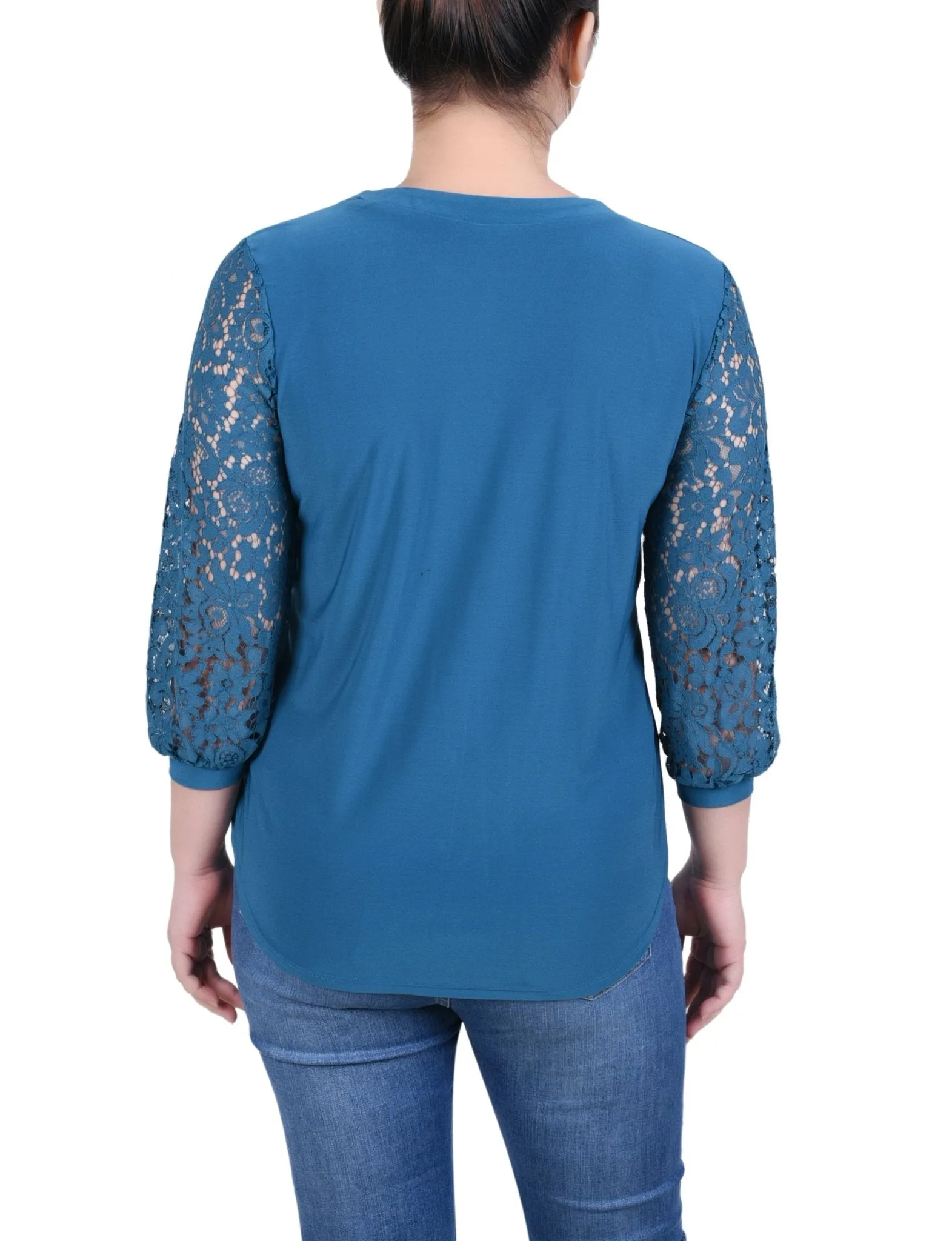 Lace-Sleeve V Neck Top - Petite