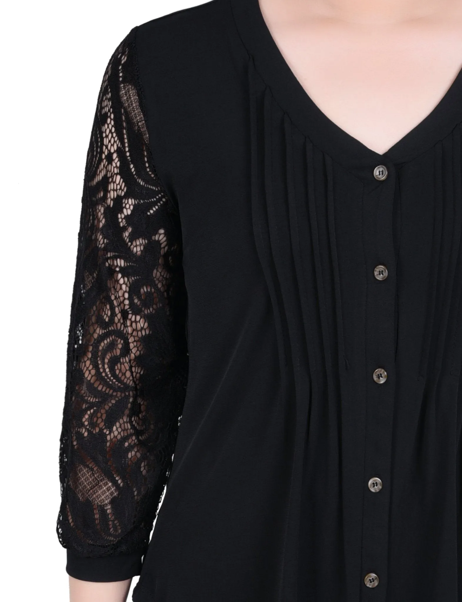 Lace-Sleeve V Neck Top - Petite
