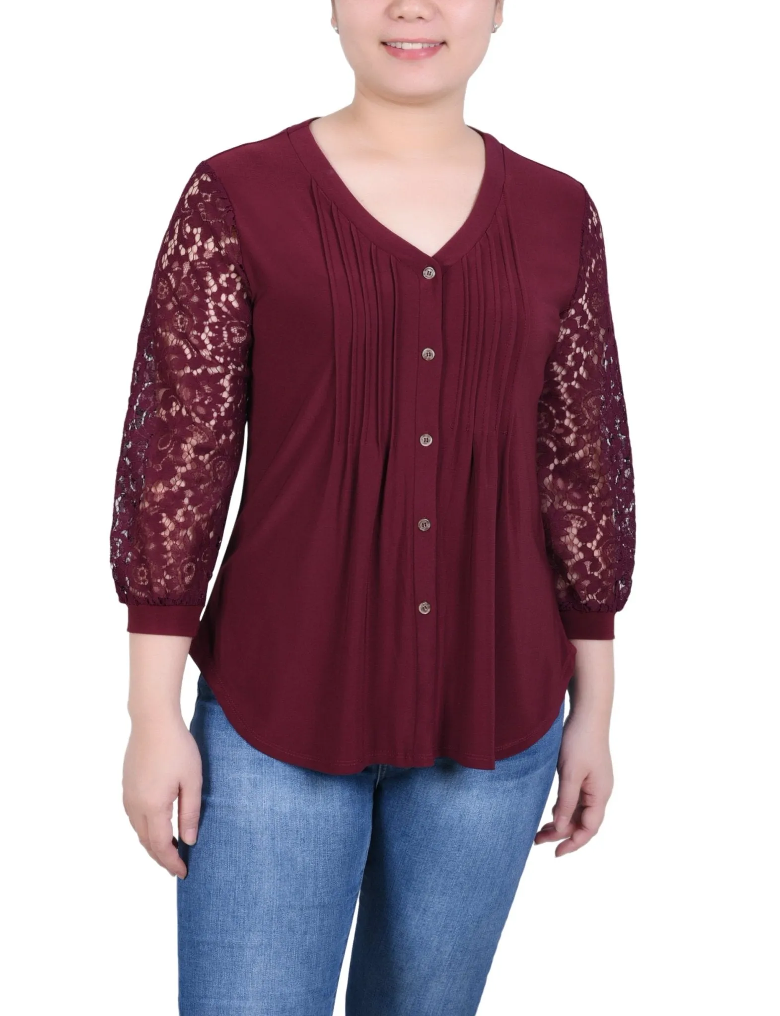 Lace-Sleeve V Neck Top - Petite
