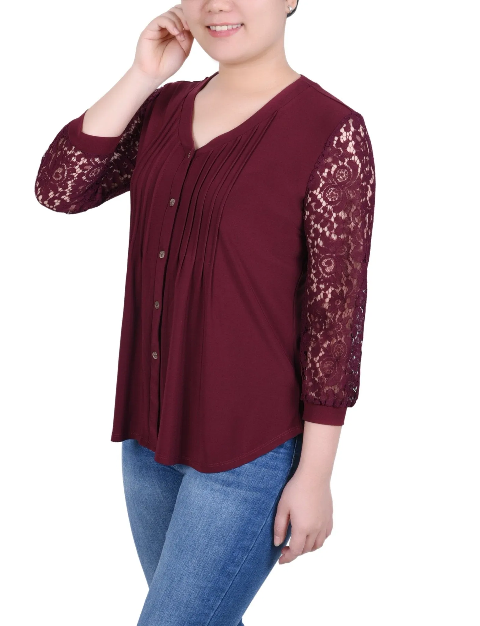 Lace-Sleeve V Neck Top - Petite