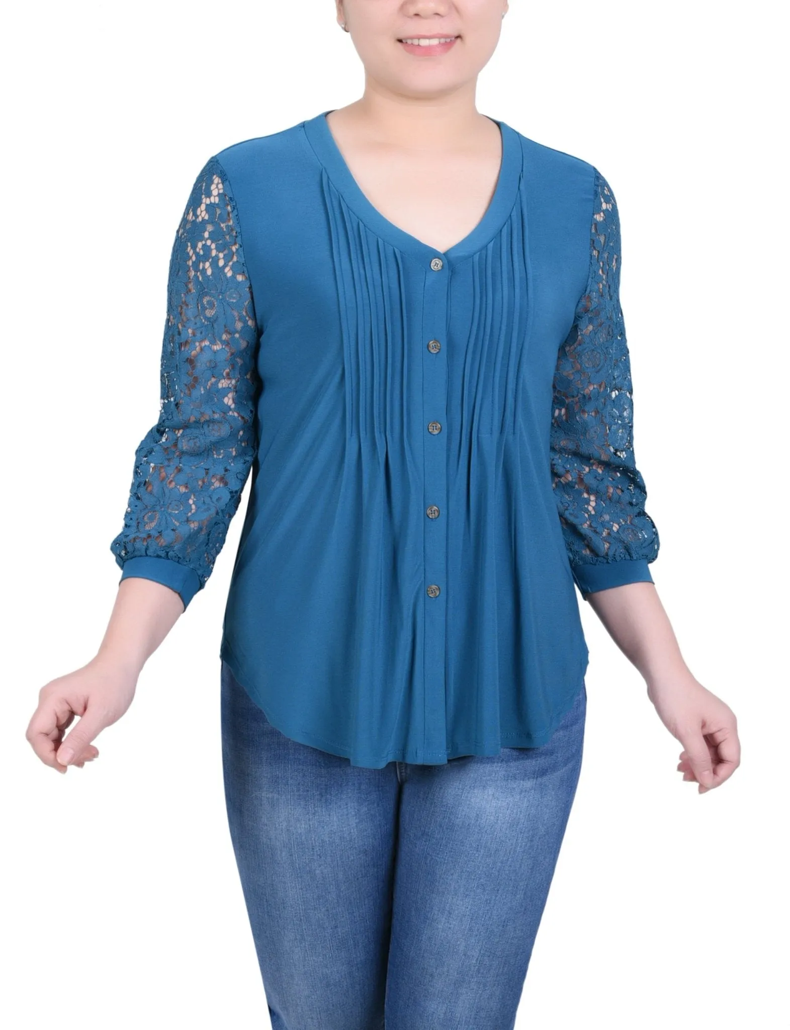 Lace-Sleeve V Neck Top - Petite