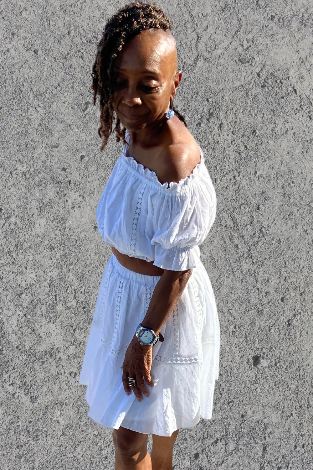 Ladies Elegant Eyelet Crop Top with Matching Mini Skirt