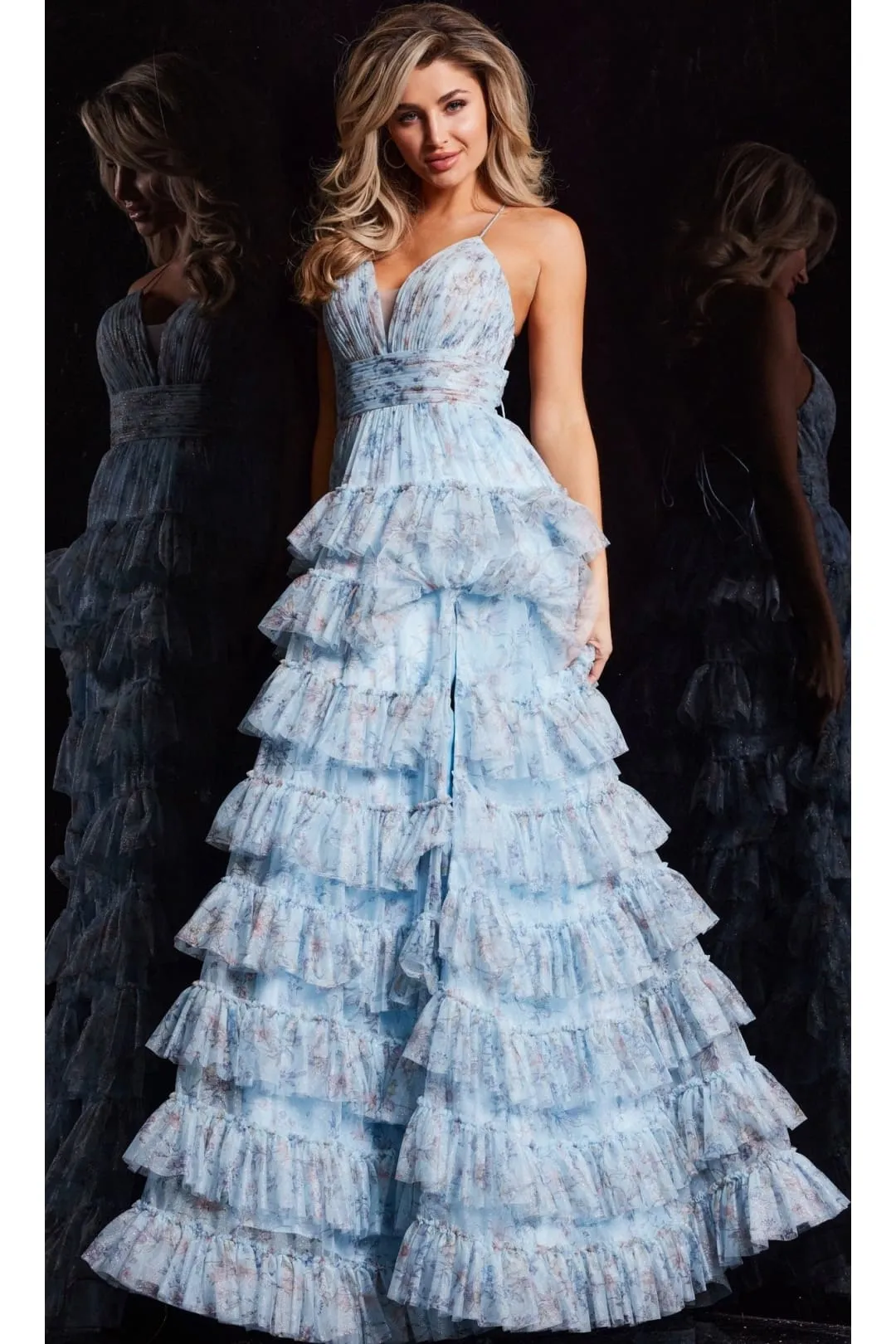 Long Print Ruffled A-Line Prom Dress: Jovani 36571