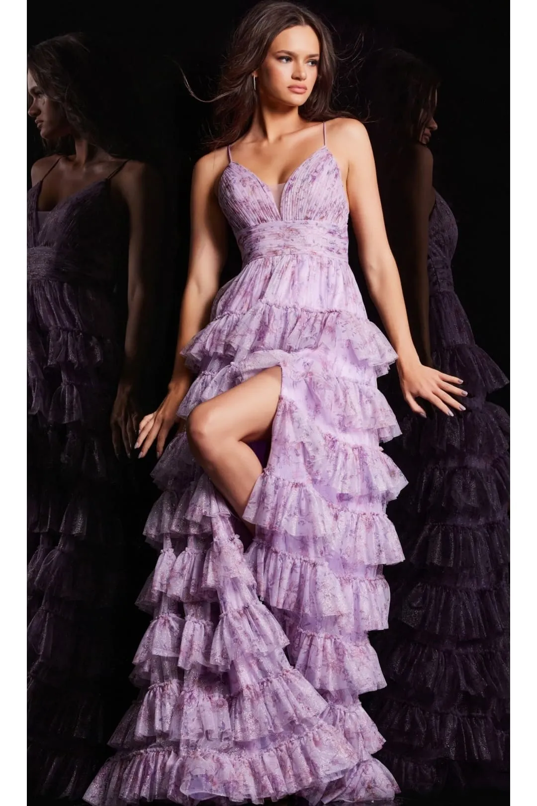 Long Print Ruffled A-Line Prom Dress: Jovani 36571