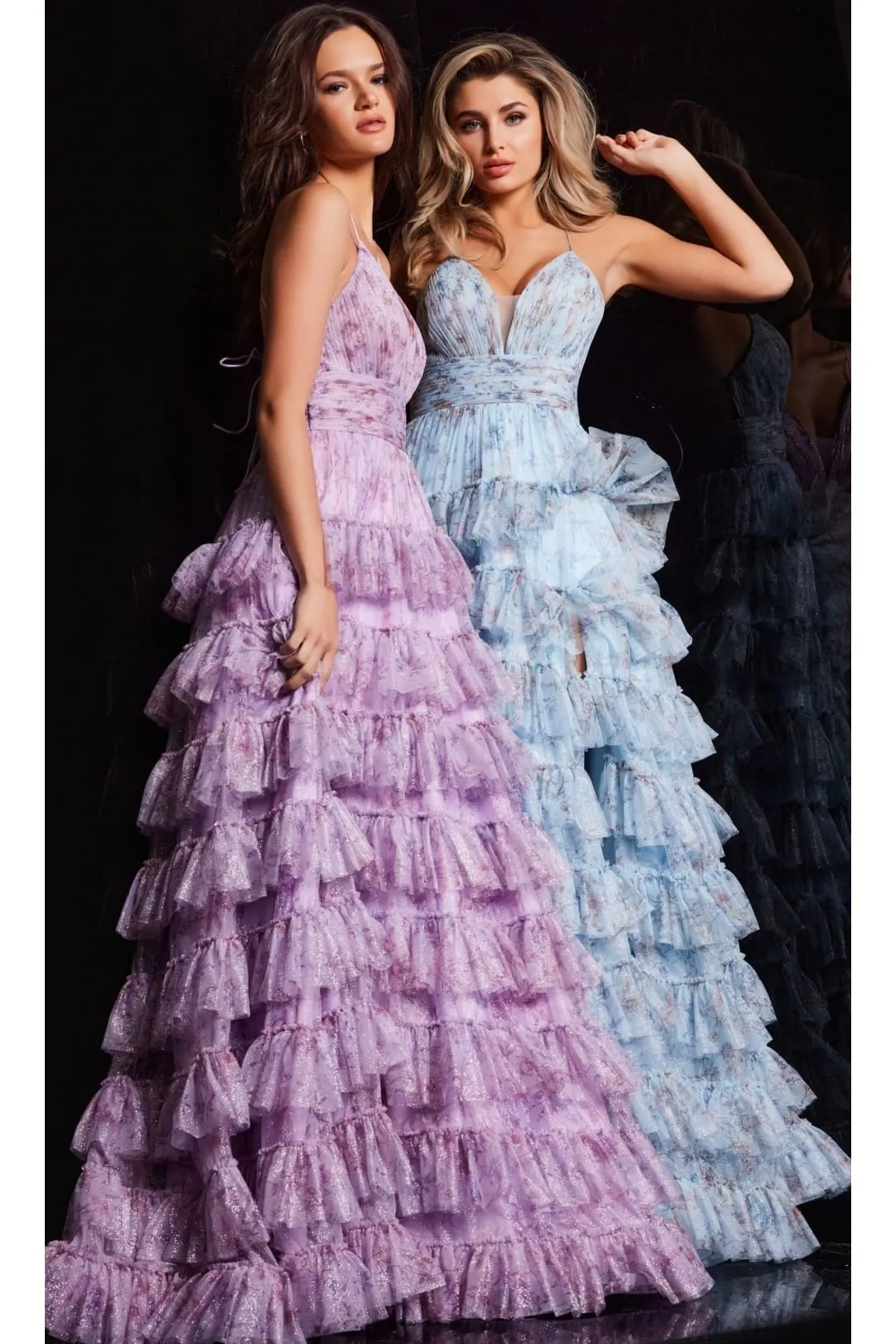 Long Print Ruffled A-Line Prom Dress: Jovani 36571